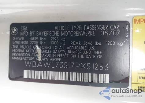 2007 BMW 335I из США, поврежденный, VIN WBAWL73517PX51253